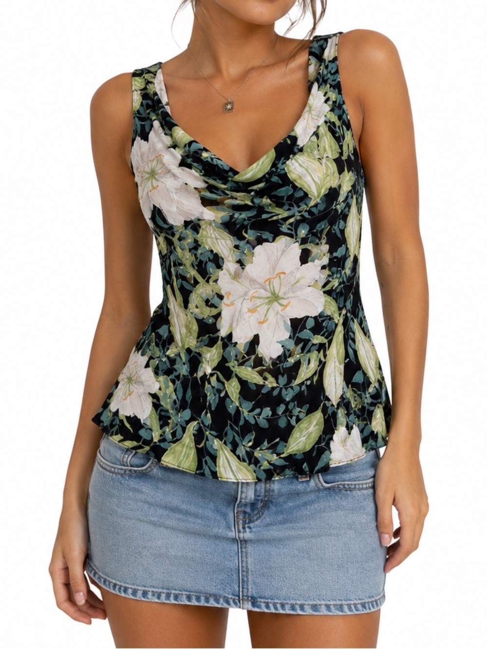 Vintage Nostalgia Black Floral Cowl Neck Tank Top – Size Large